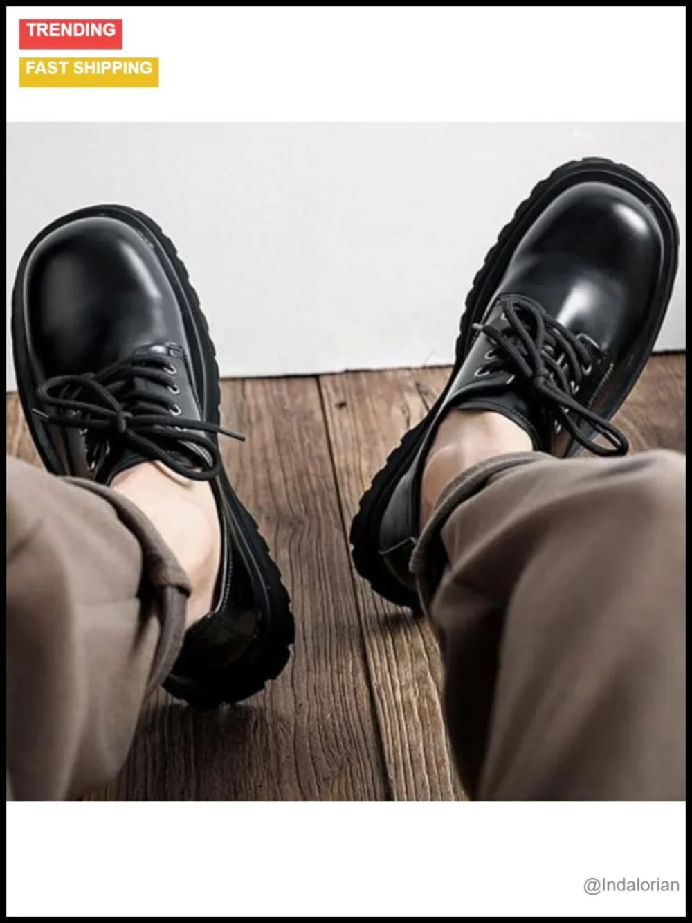 Men's Oxfords Leather Round Toe Platform Chunky Heel Lace-Up Non-Slip Lug Sole